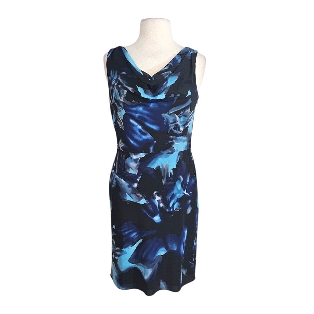 Ann Taylor Blue & Black Watercolor Draped Silk Dress